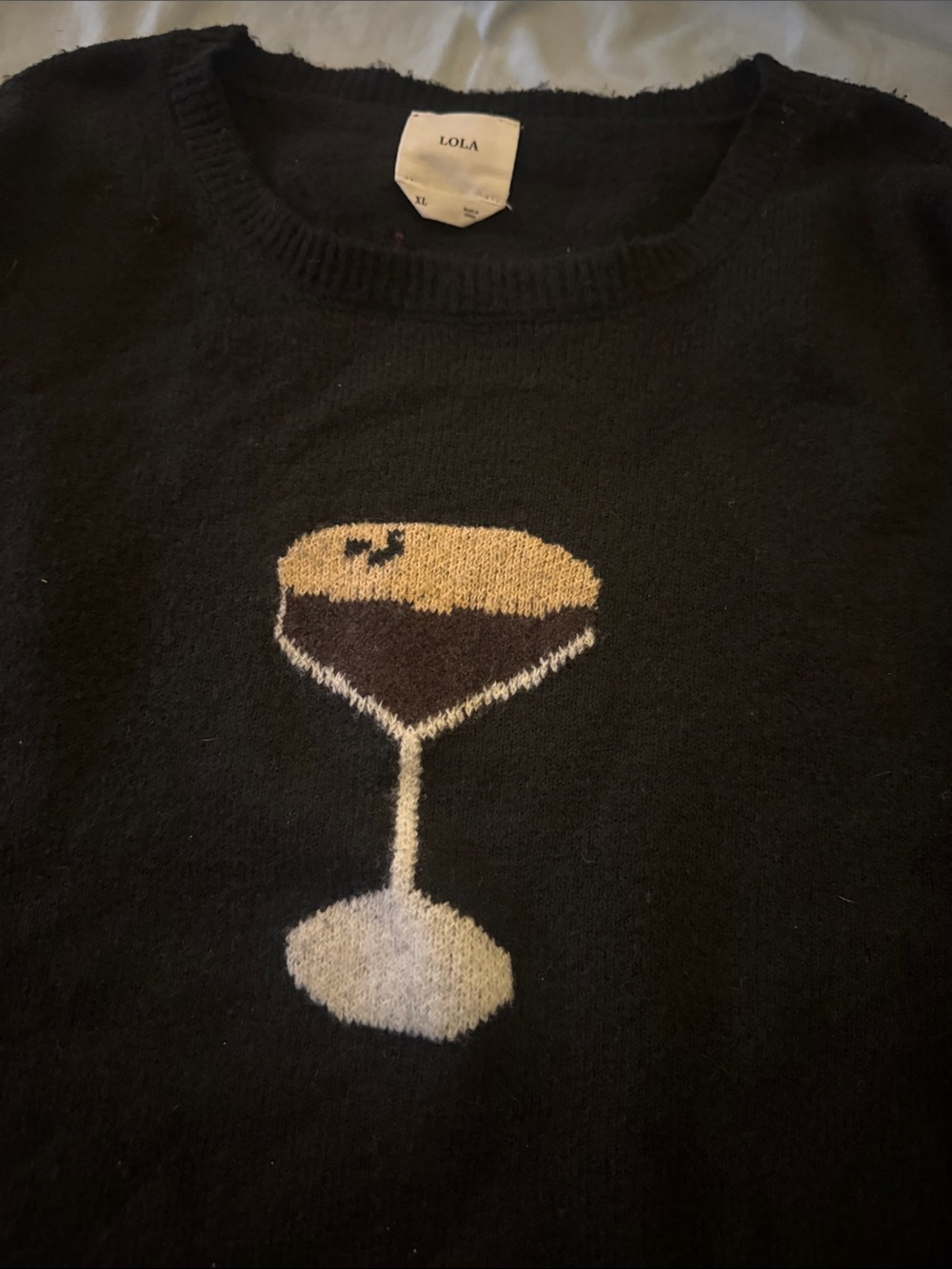 LOLA Black Crewneck Sweater with Cream & Brown Cocktail Glass Motif